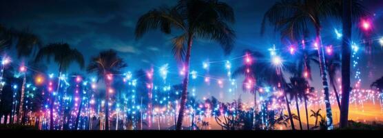AI generated colorful lights in grass with palms next to blue sky, photo