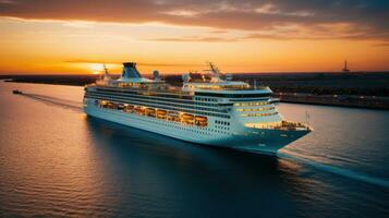 AI generated An evocative shot of a cruise ship departing from port at sunset photo