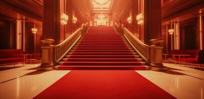 ai generado hermosa rojo alfombra y el escalera líder dentro el vestíbulo foto