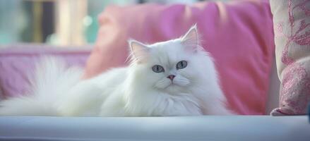 AI generated a white cat is laying on a pink couch with pillows photo