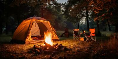 AI generated camping tent with fire pit in summer photo