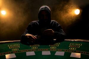 Portrait of a professional poker player sitting at poker table photo