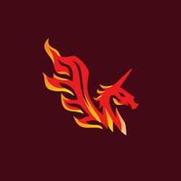 ardiente feroz unicornio logo diseño con fuego alas vector