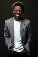 Portrait of a fashionable african american man smiling on black background photo