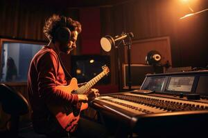 ai generado retrato de un joven hombre jugando un eléctrico guitarra en un grabación estudio, artista grabación un canción en el estudio, ai generado foto