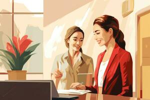 AI generated Two businesswomen working together in office. Business concept. Vector illustration, Asia girl receptionist and Caucasian woman traveler checkin or checkout in hotel, AI Generated photo