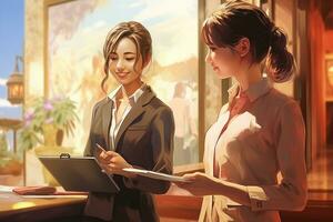 AI generated Two businesswomen discussing over a document in a hotel lobby. Business concept, Asia girl receptionist and Caucasian woman traveler checkin or checkout in hotel, AI Generated photo