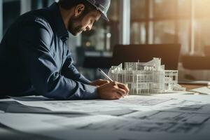 AI generated Architect working on blueprint in office. Architect working on blueprint of new house, Architect or engineer working on building blueprint, AI Generated photo