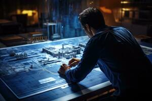 AI generated Engineer working on blueprint at night. Engineering and architecture concept, Architect or engineer working on building blueprint, AI Generated photo