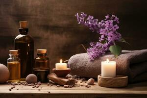 AI generated Spa still life with lavender flowers and candles on wooden background, Aromatherapy massage ambiance or spa salon composition setup, AI Generated photo