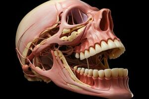 AI generated 3 d rendered illustration of the teeth of a female anatomy, Animation of a painful mandible, AI Generated photo