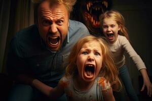 AI generated scared family in horror, Angry screaming child with desperate parents, AI Generated photo