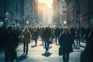 ai generado personas caminando en el calle, un anónimo multitud de personas caminando en un ciudad calle, ai generado foto