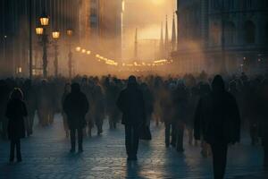 ai generado personas caminando en el ciudad a noche, movimiento difuminar, personas caminando en el calle, un anónimo multitud de personas caminando en un ciudad calle, ai generado foto