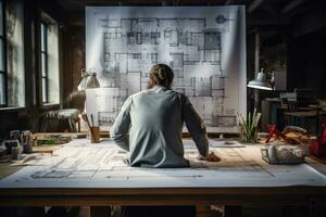 AI generated Architect working on a blueprint in his office. Back view, Architect or engineer working on building blueprint, AI Generated photo