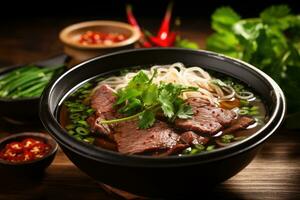 AI generated asian traditional beef noodles, An image of a steaming bowl of pho with tender slices of beef and fragrant herb, AI Generated photo