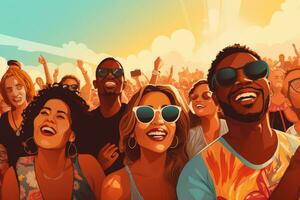 ai generado personas teniendo divertido a playa fiesta, verano fiesta concepto. vector ilustración, un imagen de un diverso grupo de amigos a un verano música festival, ai generado foto