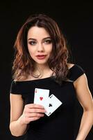 Young woman playing in the gambling on black background photo