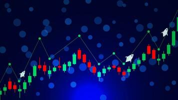 Business growth, financial investment and stock market trading with candlestick trend graph and rocket launch. Finance growing up concept. Vector illustration.