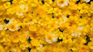 AI generated Yellow floral background, close-up of beautiful yellow floral background, top view. Yellow floral background. Botany, floristry, texture and flora concept in yellow tones. photo