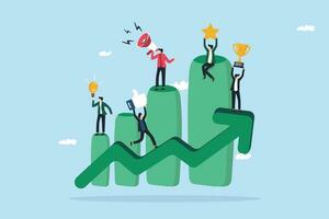 Team strategy for business success concept, team of business people working on improving bar graph. vector