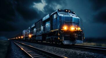AI generated freight cargo train traveling on train tracks on dark sky photo