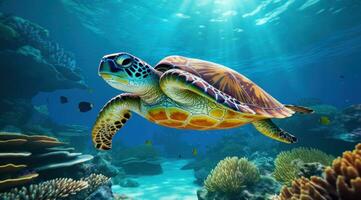 AI generated underwater with turtle and sea life wallpapers photo