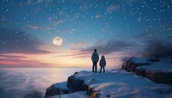 AI generated two children standing in the snow watching the moon from the cliff photo