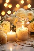 AI generated Wedding background, candles, delicate decor, and space for love-filled declarations photo