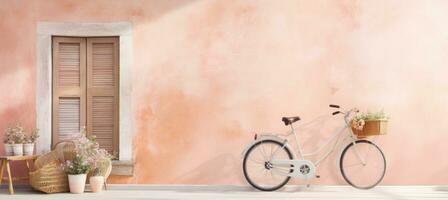 ai generado antiguo de madera bicicletas por el puerta de un rosado pared foto