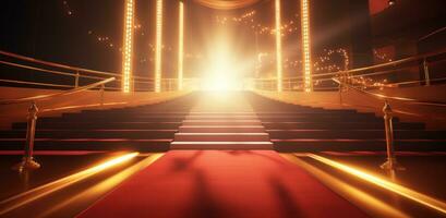 AI generated red carpet and gold ropes at a golden staircase photo