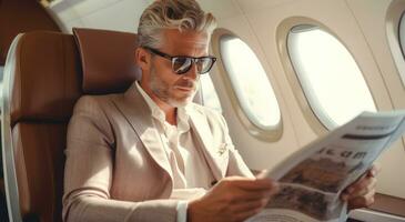 AI generated person wearing glasses sits in the plane reading a newspaper photo