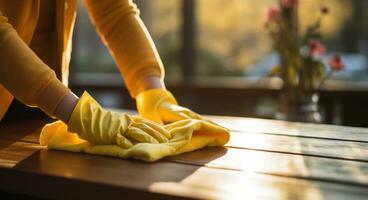 ai generado persona es participación amarillo guantes mientras limpieza el cocina encimera foto