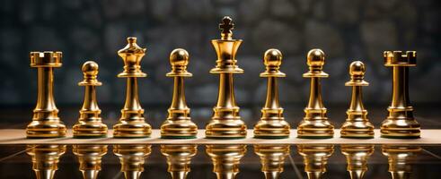 AI generated king stands alone with several chess pieces behind him photo