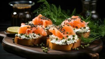 AI generated toasted brioche appetizers with salmon and cream cheese garnish photo