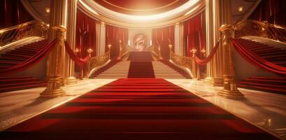 AI generated red carpet and gold ropes at a golden staircase photo
