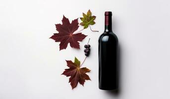 AI generated red wine bottle with autumn leaves on a white background photo