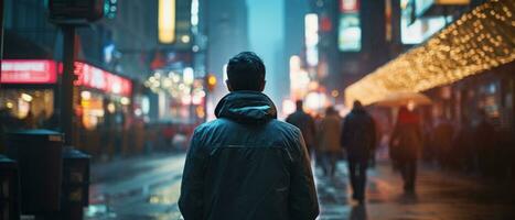 ai generado persona caminando abajo el calle en ciudad foto