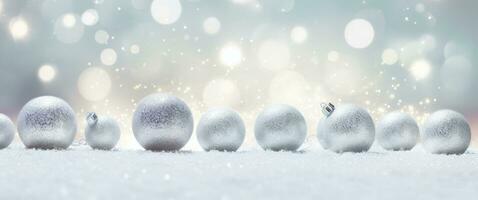AI generated silver christmas balls on an ice white background in winter scene photo