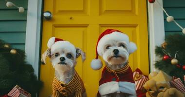 AI generated two chihuahua dogs in santa hats sitting on front door photo