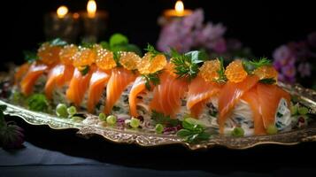 ai generado aperitivos con ahumado salmón, Pepino y Fresco cebolla foto