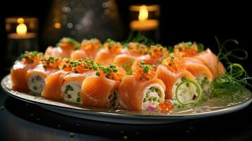 AI generated appetizers with smoked salmon, cucumber and fresh onion photo