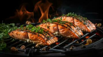 ai generado algunos salmón A la parrilla en panes, cinematográfico elegancia foto