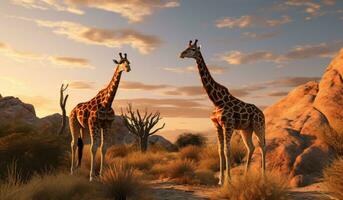 AI generated two giraffes in an arid wilderness photo