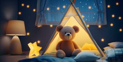 AI generated teddy bear and tent interior concept photo