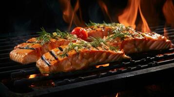 ai generado algunos salmón A la parrilla en panes, cinematográfico elegancia foto