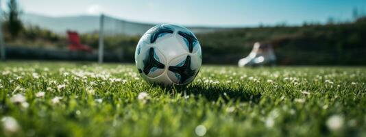 ai generado fútbol pelota con portero en herboso campo foto