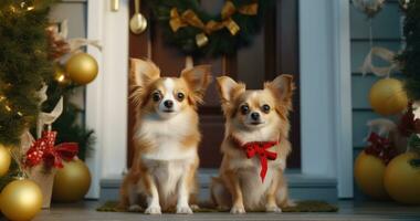 AI generated two chihuahua dogs in santa hats sitting on front door photo