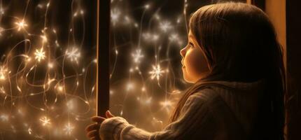 AI generated girl looking at snowflake lights photo