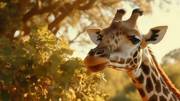 ai generado linda jirafa come hojas desde árbol en África foto